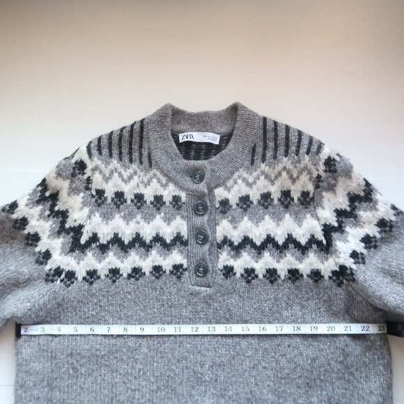 Zara Gray Fair Isle Henley Alpaca Knit Blend Long Sleeve Sweater Women’s Size S - Picture 10 of 16